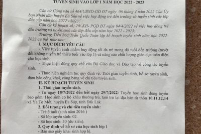 KẾ HOẠCH  TUYỂN SINH VÀO LỚP 1 TRƯỜNG TIỂU HỌC TRẦN QUỐC TOẢN NĂM HỌC 2022 – 2023