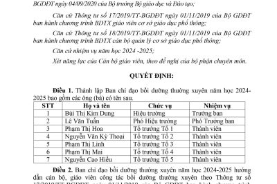 QUYẾT ĐỊNH THÀNH LẬP BAN CHỈ ĐẠO BỒI DƯỠNG THƯỜNG XUYÊN NĂM HỌC 2024 – 2025